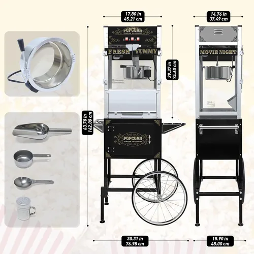 Miniatura 4 de Máquina comercial de palomitas de maíz de 20 onzas con carrito (negro) – Máquina de palomitas de maíz de grado profesional – Popper estilo vintage