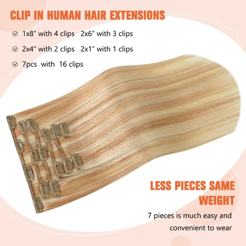 Miniatura 2 de UGOTRAYS Extensiones de cabello humano real de color rubio fresa a rubio decolorado, 12 pulgadas, lacio, doble trama, cabello Remy con clip, 2.47