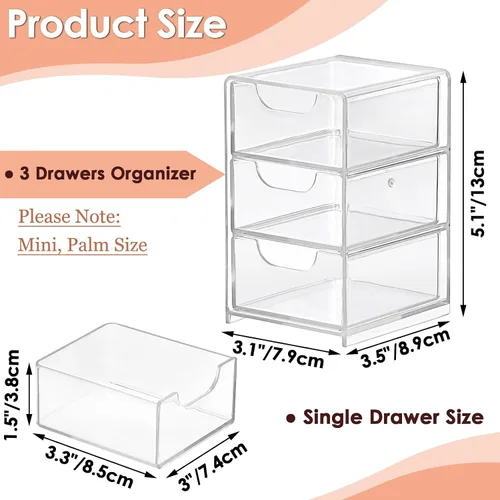 Miniatura 3 de BTSKY Paquete de 1 organizador de almacenamiento de acrílico pequeño con cajones, organizador de escritorio transparente de 3 capas para suministros