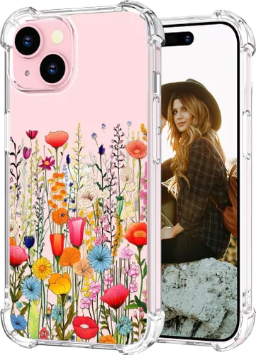 Miniatura 67 de Hungo Funda compatible con iPhone 15 Plus para mujer, diseño floral transparente, lindo, flor azul rosa Rosas Azules