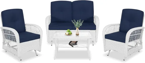 Miniatura 12 de VIVIJASON Silla mecedora de mimbre para exteriores, 2 piezas, sillas mecedoras de ratán para patio con cojines y marco de acero, muebles de mimbre