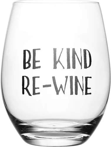 Lushy Wino Be Kind, Re-Wine - Lindo, novedoso, grabado al agua, copa de vino de 16 onzas sin tallo con frases divertidas en caja de regalo