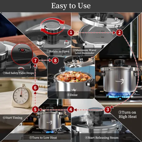 Miniatura 6 de TIBORANG Olla de Presión de Acero Inoxidable de 8.5 QT, [Multi-Cocina para Estufa de Gas e Inducción] [Ahorra 70% del Tiempo de Cocinado]