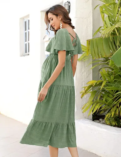 Miniatura 7 de KOJOOIN Vestido de maternidad para mujer, cuello en V, manga corta, fruncido y escalonado, plisado, vestido midi para sesión de fotos, baby shower