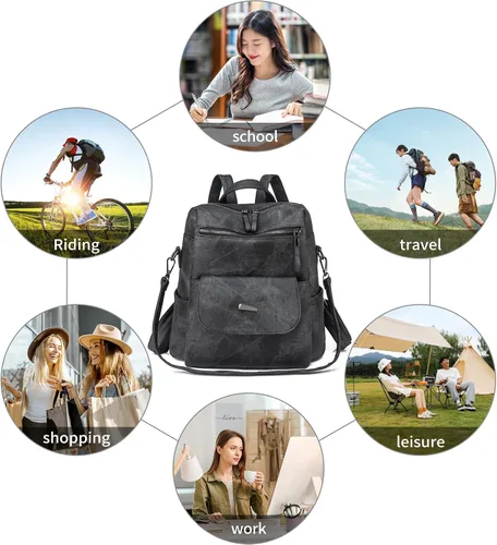 Miniatura 6 de Mochila para mujer, mochila de piel sintética, mochila antirrobo, mochila antirrobo de viaje, multiusos, ligera, impermeable, convertible, bolsa