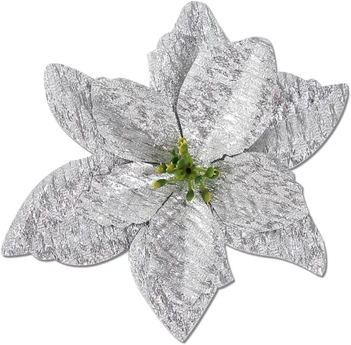 Miniatura 13 de YYCRAFT 12 flores artificiales de seda brillante con purpurina para decoración de árbol de Navidad (plata, 8 pulgadas)
