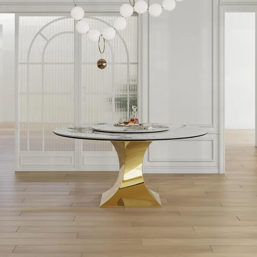 Miniatura 14 de Mesa de comedor redonda, mesa de comedor de piedra sinterizada blanca, base moderna de acero inoxidable sólido
