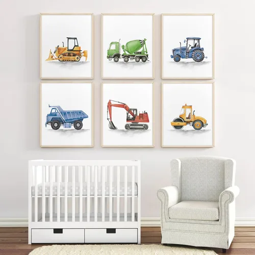 Miniatura 4 de Joocrise Juego de Arte de Pared de Camiones para Niños Set de 6 Decoración de Pared en Lienzo de Vehículos Camiones Arte de Pared de Construcción