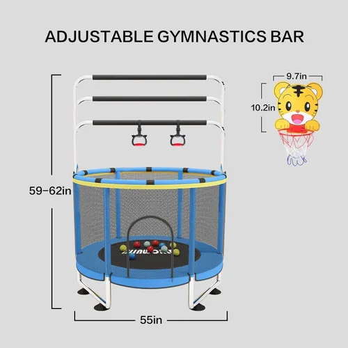 Miniatura 4 de Trampoline for Kids, 55 Inch Adjustable Baby Toddler Trampoline with Basketball Hoop, 440lbs Indoor Outdoor Toddler with Enclosure (Blue)
