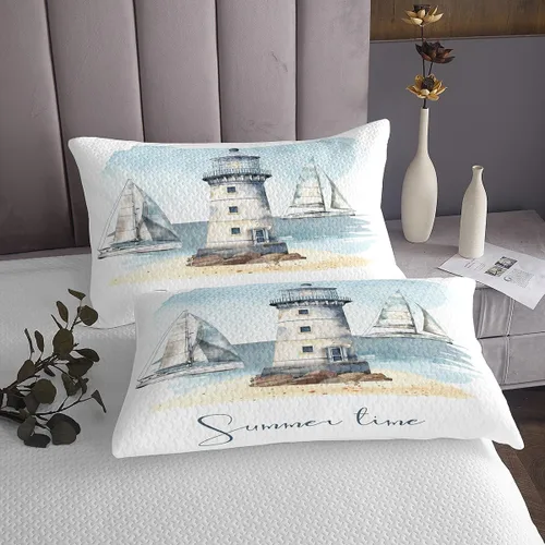 Miniatura 5 de Erosebridal Juego de colcha náutica, juego de edredón de lancha de vela, faro, acuarela con temática oceánica, juego de ropa de cama de verano