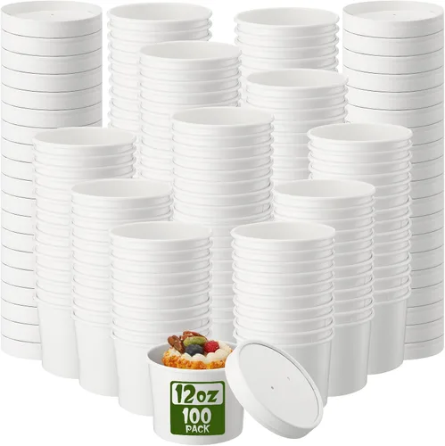 Miniatura 24 de Fulmoon Paquete de 100 recipientes de papel para sopa con tapas, recipientes de papel desechables para alimentos con tapa ventilada, tazas de postre