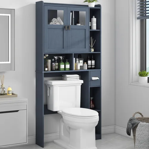 Miniatura 17 de Vabches Armario de almacenamiento sobre el inodoro con puertas dobles, soporte para papel higiénico y estante ajustable, ahorro de espacio Gris