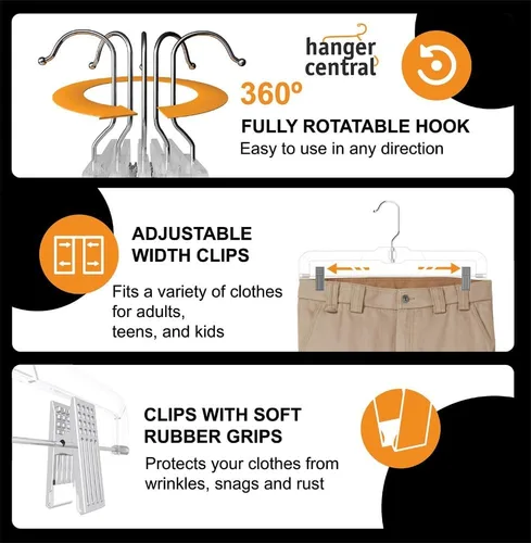 Miniatura 7 de Perchas transparentes de alta calidad para pantalones de 14 pulgadas con clips ajustables, paquete de 12 perchas para faldas que ahorran espacio