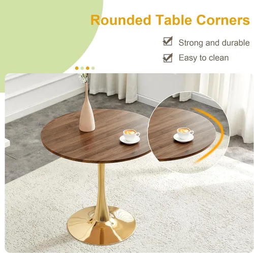 Miniatura 5 de Mesa de comedor redonda de nogal para espacios pequeños, mesas de tulipanes de 32 pulgadas con base de pedestal de metal dorado, mesa de bistró