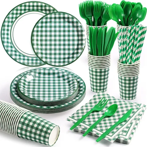 Miniatura 11 de Sieral 200 piezas de suministros de fiesta de cuadros rojos para 25 invitados, kits de vajilla desechable con platos de papel, vasos, servilletas