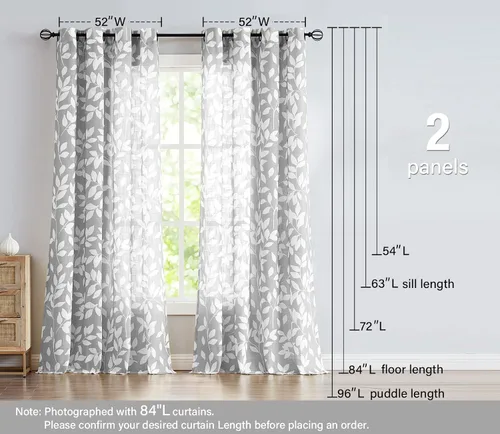 Miniatura 6 de Treatmentex Cortinas blancas y grises para dormitorio de 84 pulgadas de largo, cortinas semitransparentes con estampado de hojas para ventanas