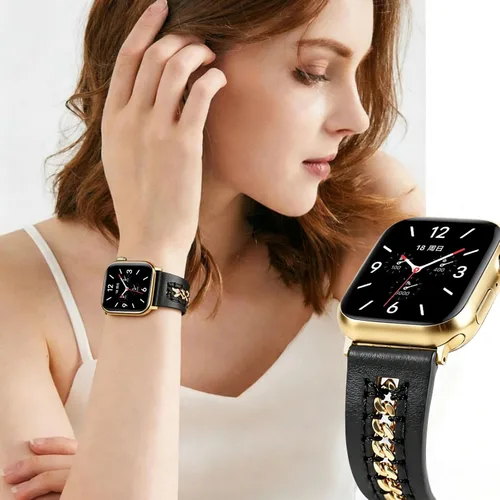 Miniatura 3 de HANDODO Correa de piel auténtica italiana con detalles de cadena dorada, compatible con Apple Watch Series 10 9 8 7 6 5 4 3 2 1 SE SE2 Ultra, correa