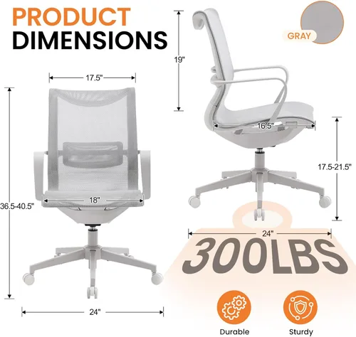 Miniatura 2 de LuxErgo Silla de oficina ergonómica de malla, silla de escritorio con respaldo medio con soporte lumbar y reposabrazos, altura ajustable, reclinable
