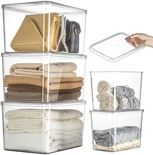 Juego de cubos de almacenamiento de plástico con tapa, organizador de cesta de escritorio transparente, contenedor de cocina, ropa, armario, estante