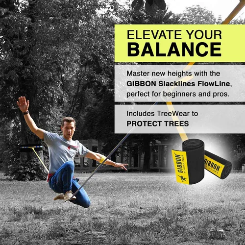 Miniatura 5 de GIBBON Slacklines Flowline con ropa de árbol, amarillo/azul, 82 pies (línea de 74 pies + correa de trinquete de 8 pies con lazo reforzado) línea