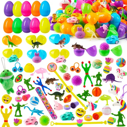 JOYIN 200 huevos de Pascua precargados con juguetes surtidos y calcomanías en el interior, huevos de Pascua rellenos para niños, rellenos de