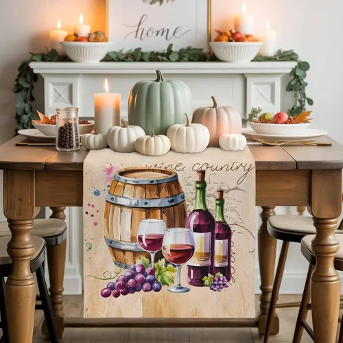 Miniatura 3 de Camino de mesa de otoño, caminos de mesa de vino y uva, cosecha, Acción de Gracias, vintage, barril de vino, de algodón, lino, bufanda, cocina, mesa