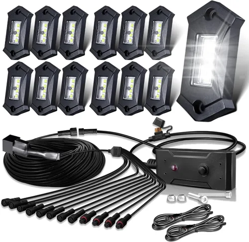 Miniatura 8 de Kit de luces LEDMIRCY R3 de roca blanca pura con interruptor de palanca, arnés de cable, 12 piezas de luces LED de roca blancas para camiones