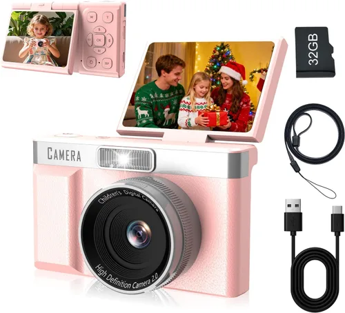 Cámara digital para niños FHD 1080P Cámara digital para niños con tarjeta de 32 GB, pantalla abatible de 2 pulgadas de 180 ° con soporte para cámara