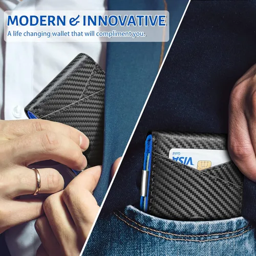 Miniatura 25 de GSOIAX Cartera delgada de cuero plegable RFID para hombre, billetera minimalista con bolsillo frontal con clip para dinero, 12 ranuras para Negro