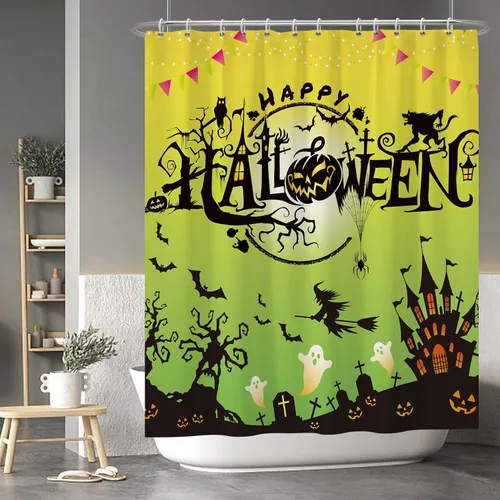 Miniatura 43 de Cortina de ducha de fantasma y gato negro para niños, 36 x 72 pulgadas, espeluznante y bonita, cortina de baño de Halloween con 6 ganchos, cortina