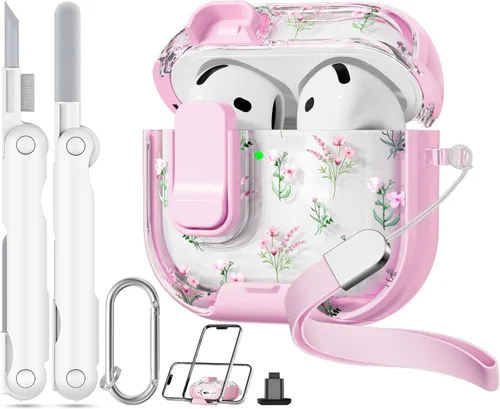 Miniatura 8 de con bloqueo de seguridad para funda de AirPods Pro 2ª 1ª generación, funda transparente floral linda para AirPods Pro 2 con soporte para teléfono