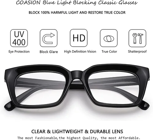 Miniatura 5 de COASION Lentes de bloqueo de luz azul, lentes clásicos gruesos con montura cuadrada para mujeres y hombres