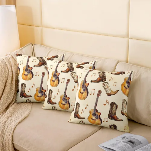 Miniatura 4 de Castle Fairy Cowboy Boots Throw Pillow Cover 16"x16" Bohemia Musical Guitar Pillowcase Western Rustic Cowgirl Reversible Print Cushion Cover Music
