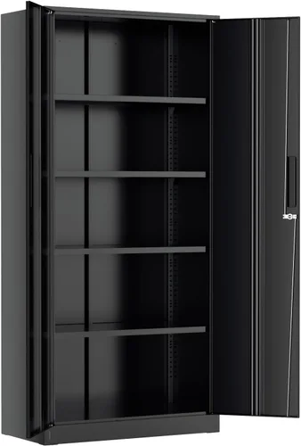 Greenvelly Armario de almacenamiento de metal con cerradura, gabinete de almacenamiento cerrado negro de 72 pulgadas con 2 puertas y 4 estantes