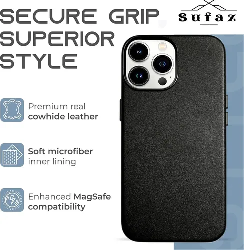 Miniatura 2 de Funda de cuero para iPhone 14 Pro Max - Cuero de grano completo compatible con MagSafe - Funda protectora delgada con botones metálicos y tarjetero