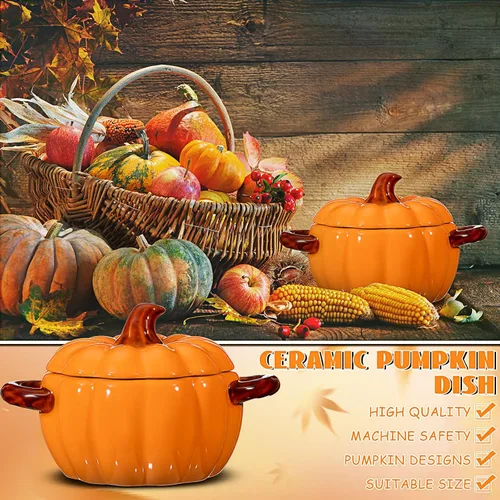 Miniatura 3 de Uiifan 2 cuencos de calabaza de cerámica para cocinar Acción de Gracias, cacerola de 17 onzas, plato de sopa naranja, lindo recipiente seguro