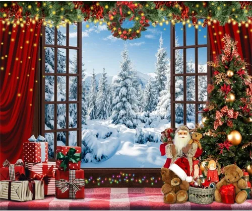 Miniatura 3 de Telón de fondo de ventana de Navidad país de las maravillas 10x8 pies árbol de Navidad rojo para niños fotografía invierno nevado fondo de foto