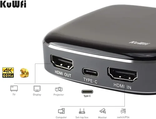 Miniatura 5 de KuWFi Tipo-C Captura HDMI Dongle 4K 1080P 60fps HD Videojuego de captura de tarjeta convertidor, grabador Plug and Play