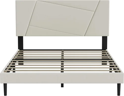 Miniatura 9 de IOILORI - Base de cama tamaño Full con cabecera tapizada en terciopelo de diseño geométrico, estructura robusta y listones de madera, silenciosa,