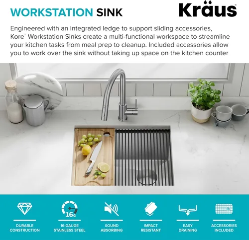 Miniatura 3 de KRAUS KWU111-23 Kore - Fregadero de cocina con estación de trabajo de 23 pulgadas, para empotrar, cuenco individual, de acero inoxidable calibre 16