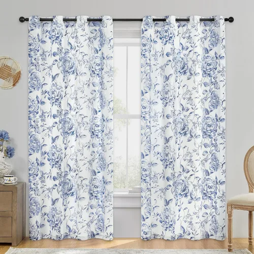 Miniatura 16 de Beauoop - Cortinas florales 100% blackout, de 84 pulgadas de largo, 2 paneles, para dormitorio, sala de estar, azul marino y blanco