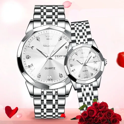 Miniatura 54 de OLEVS Reloj para parejas para él y ella, reloj analógico de cuarzo para hombres y mujeres, de acero inoxidable, impermeable, luminoso, fecha, reloj