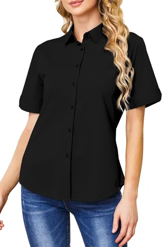 Miniatura 12 de Camisas con botones para mujer, sin arrugas, ajustadas, manga corta, formal, sólidas, blusas
