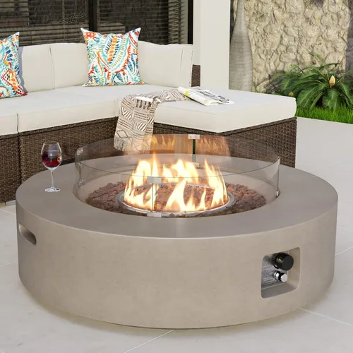 Miniatura 31 de COSIEST mesa cuadrada de propano para exteriores de arenisca con protector contra el viento, certificada, quemador de acero inoxidable de 50,000