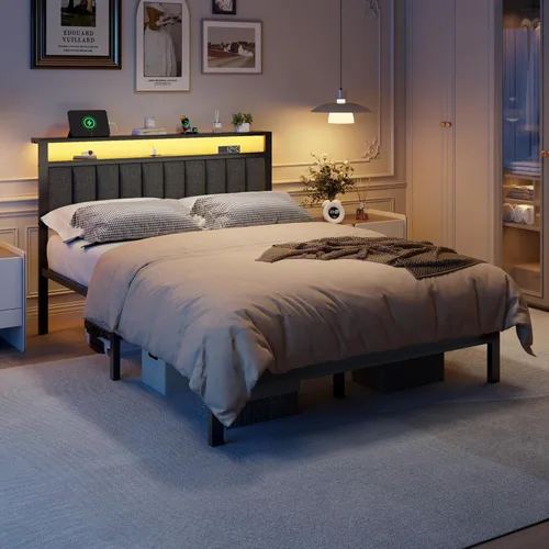 Miniatura 7 de Furnulem - Base de cama tamaño Queen con estación de carga y luces LED, cama de plataforma con listones de metal, cabecera tapizada gris con Roble