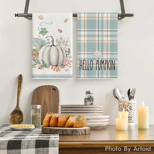 Miniatura 2 de Artoid Mode Juego de 4 toallas de cocina de otoño con diseño de rayas azules de acuarela de 18 x 26 pulgadas, diseño de hojas de temporada