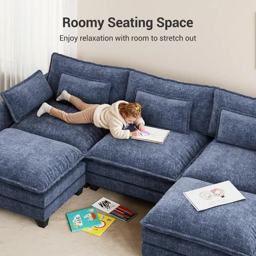 Miniatura 7 de Pipishell 110.6" U-Shaped Modular Sectional Sofa, 5-Seat Modern Chenille Deep Seat Comfy Cloud Couch with 2 Movable Ottoman & Throw Pillows for