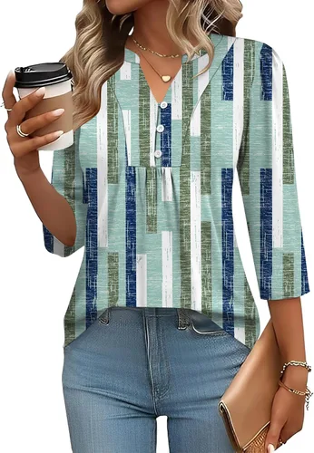 Miniatura 29 de IECCP Blusas de verano de manga 3/4 para mujer, estilo casual, cuello Henley, cuello en V, plisadas, ajuste holgado, blusas de trabajo