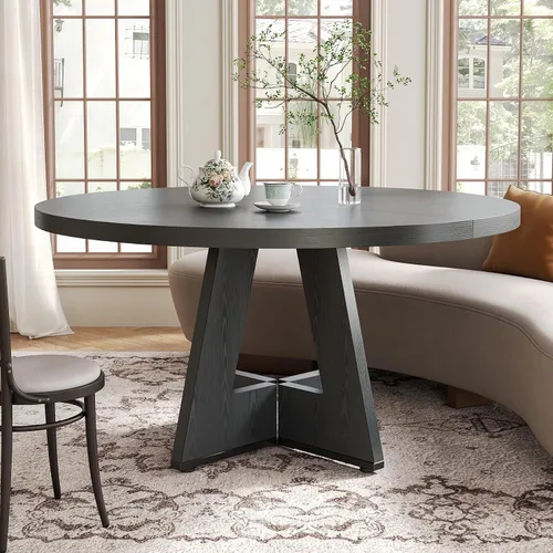 Miniatura 7 de LITTLE TREE Mesa de comedor redonda para 4-6 personas, mesa de comedor de 47 pulgadas con base de pedestal de madera, mesas de comedor negras, mesas
