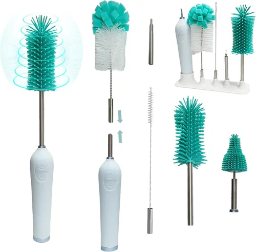 Miniatura 10 de Potente juego de limpiador eléctrico de cepillos para biberones, completo con cepillos de silicona para botella/pezón/hueco/pajita, además de un